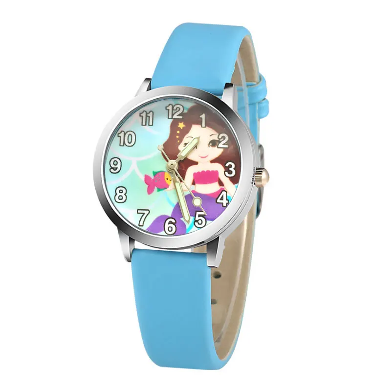 Новые детские часы с изображением русалки, модные детские часы для девочек, детские милые наручные часы, часы в подарок, кожаные часы для