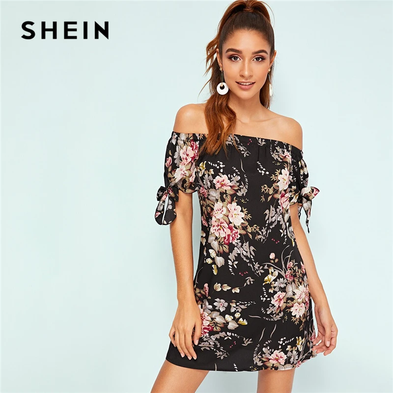 Женское платье с открытыми плечами SHEIN черное Бохо цветочным принтом и бантом