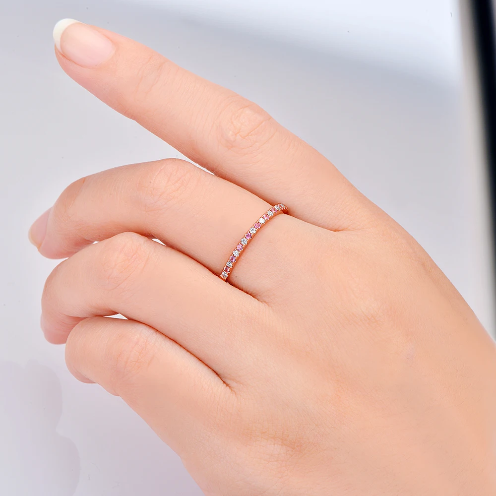 Caimao Half Eternity 14K Rose Gold Natural Diamond Pink Sapphire Engagement Wedding Band