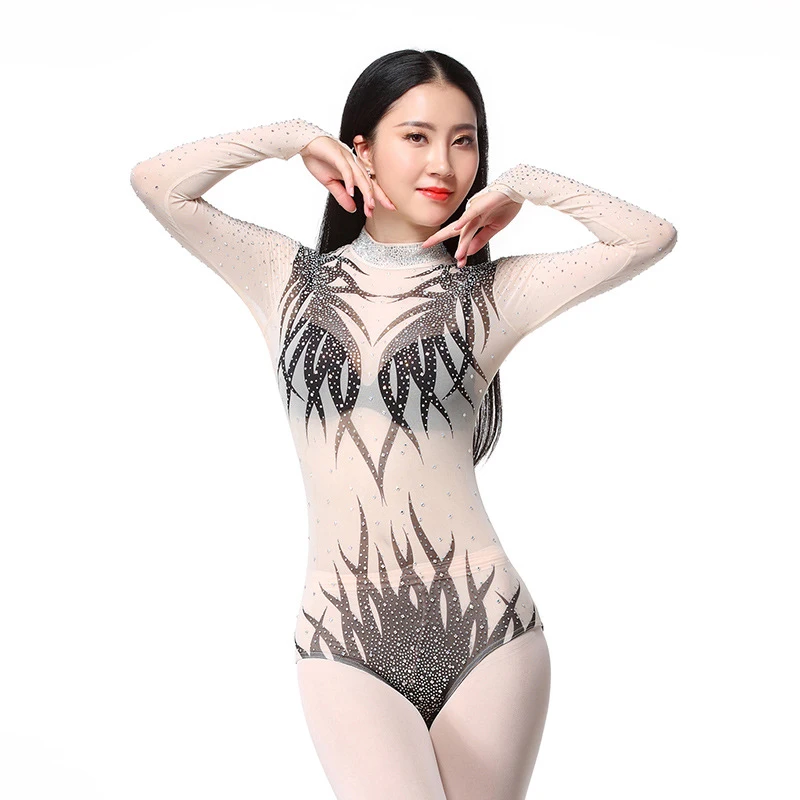 Glitter Stone Women Classic Mesh Long Sleeve Dance Leotard Ballet Gymnastics Uniform Dancer Basic Underwear Black Nude S M L