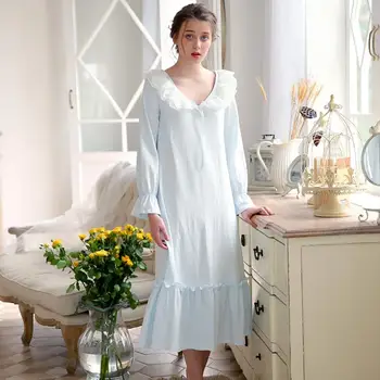 

100% cotton women pricess sleep dress female long sleeve lace patchwork beautiful nightgowns v-neck sexy home clothes gx1662