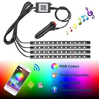 

New 12 LED Bluetooth Phone Control Car Strip Light Flexible Atmosphere Lamp Kit Foot Android iOS APP Cigarette With RGB Controll