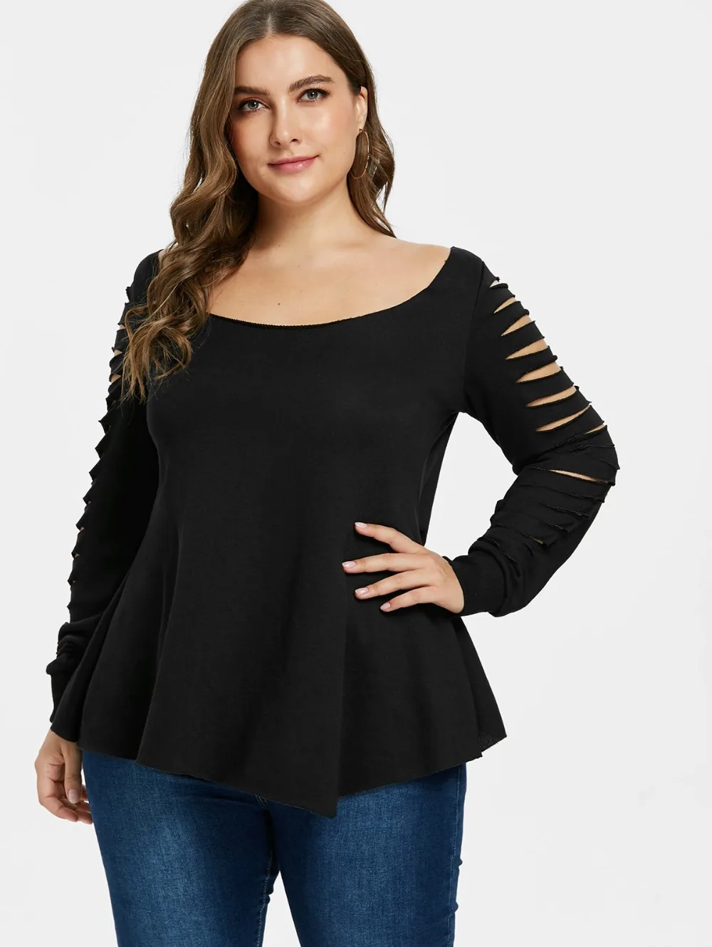 5XL Plus Size Ladder Cut Out Sleeve Back Ripped T shirt Women Casual