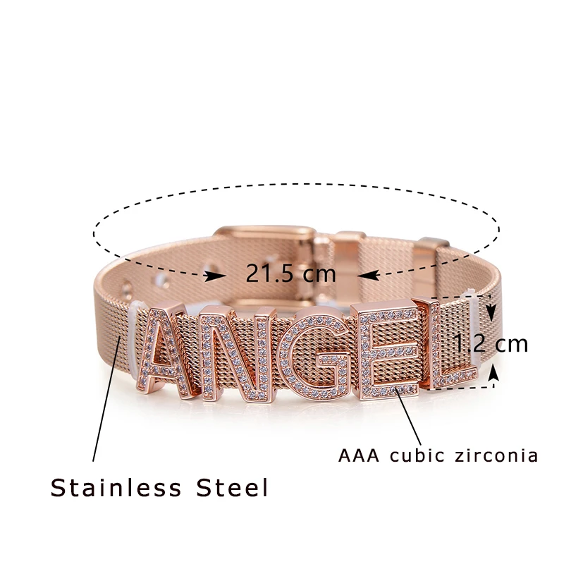 Pipitree Customize Name Stainless Steel DIY CZ Zircon Letter Bracelets Adjustable Buckle Charm Bracelet Bangle Women Men Jewelry