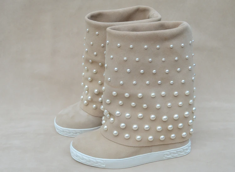 

Best Selling brand Dress Shoes Women Round Toe Height Increasing Booties Pearl Embellished Top Quality Designer Ankle Boots