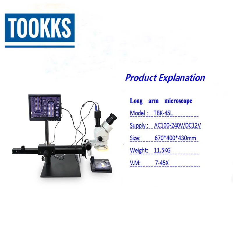  TBK-45P Microscope Heavy Metal Solid Stand 7X-45X Zoom Microscope With Display TV Screen for Mobile