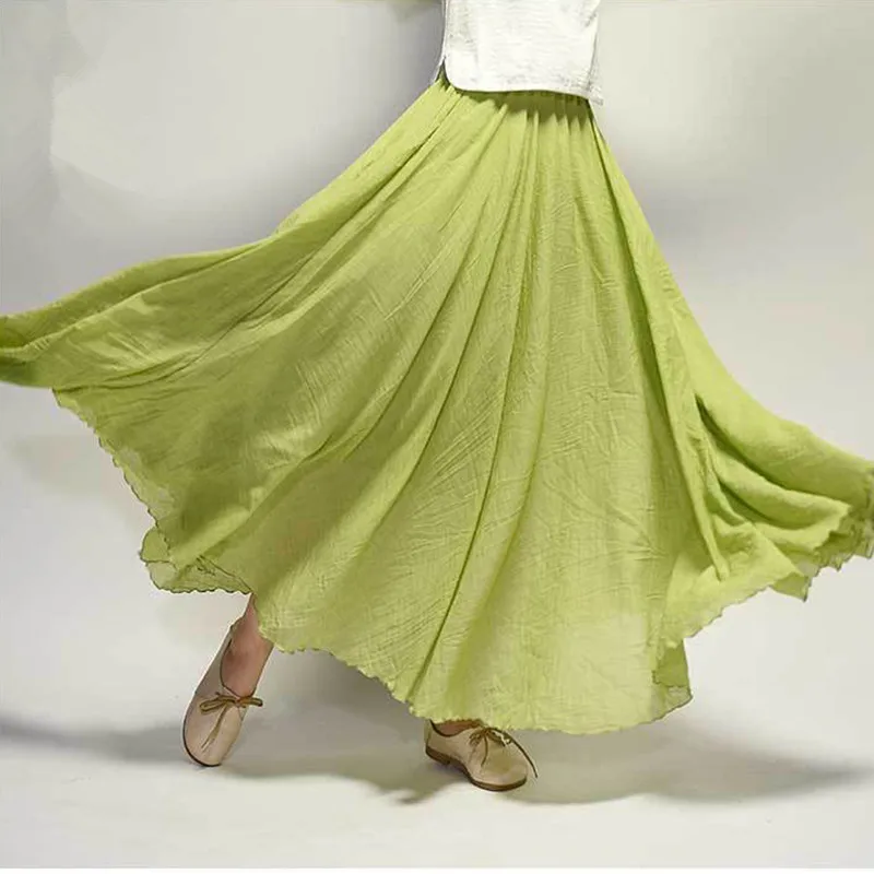 

Solid color Mori Girl Large size Long Skirt Linen Large Hem Literature Fresh Linen Plus Size Women Pleated Casual Skirt aa680