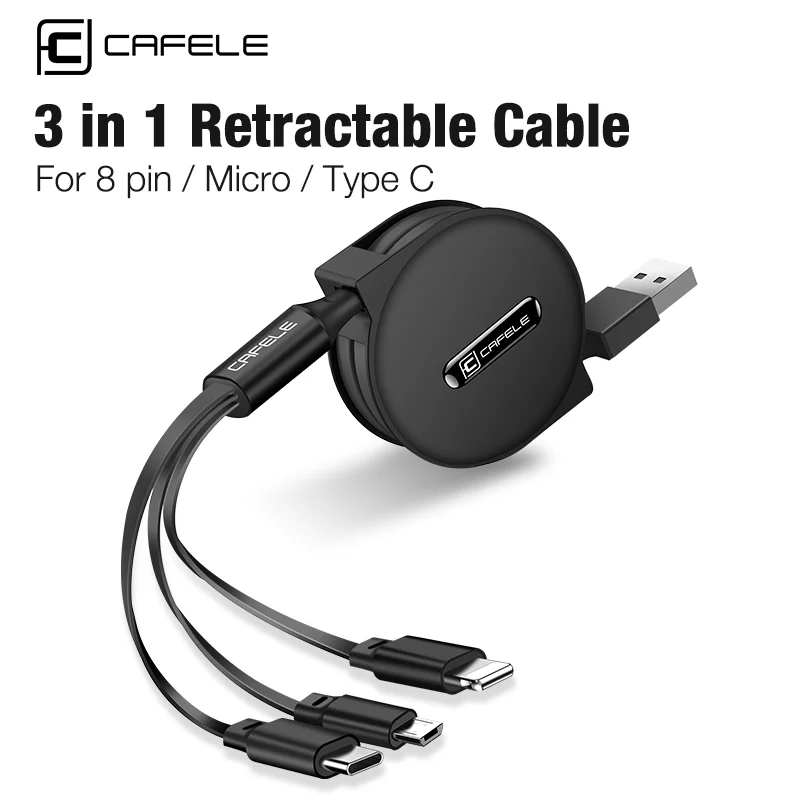 

Cafele 3 in 1 Retractable USB Micro Type C Cable 8 Pin Charging Cable Data Sync for iPhone Huawei Xiaomi Samsung 120cm USB Cable