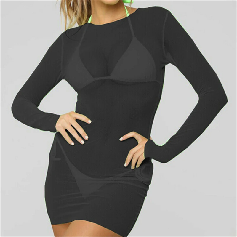 Пикантные Для женщин Cover Up летнее пляжное платье Sheer сетки с длинным рукавом пляжная одежда Бикини Cover Up купальный сокрытия