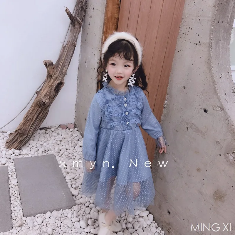 

2019 spring new children's clothing girls dresschildren's dress girls long-sleeved dress little girl mesh dress