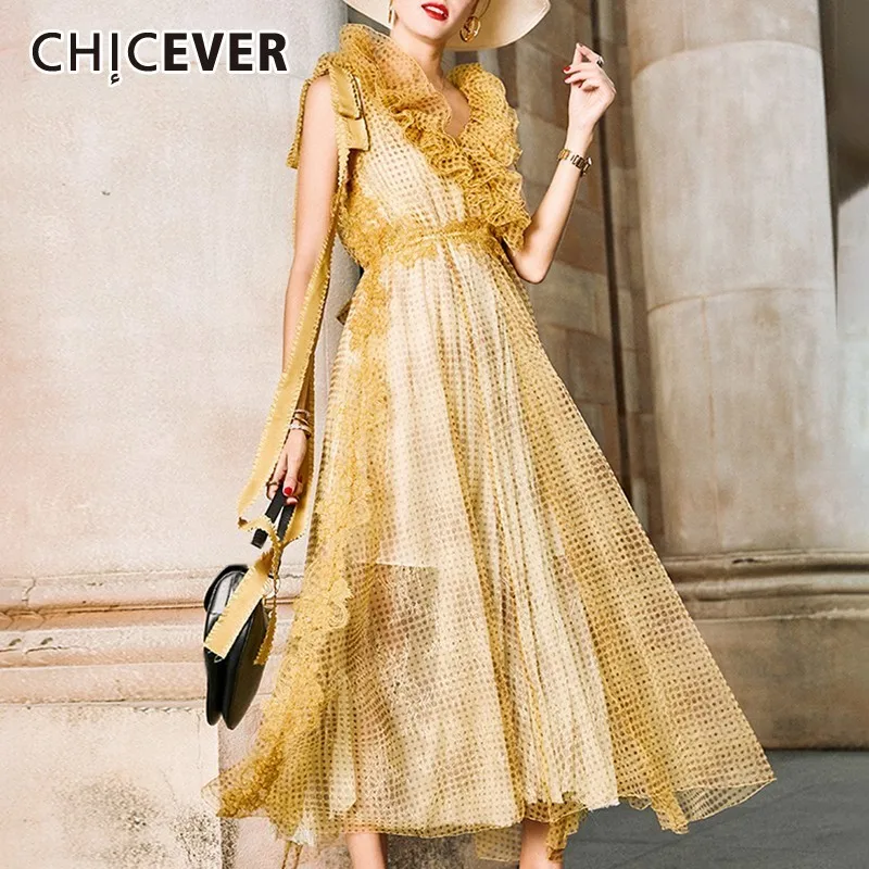 

CHICEVER Summer Korean Dot Female Dress V Neck Sleeveless Off Shoulder High Waist Ruffles A Line Dresses For Women 2019 Fashion