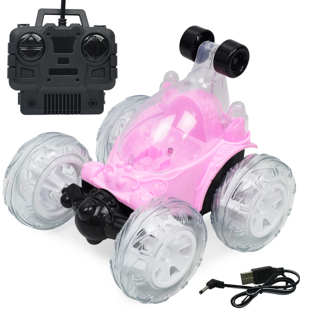 Fun Acrobatic Stunt RC Car, Radio-Controlled Rechargeable Vehicle with Flashing LED Lights & Music Switch Toy Kids Pink