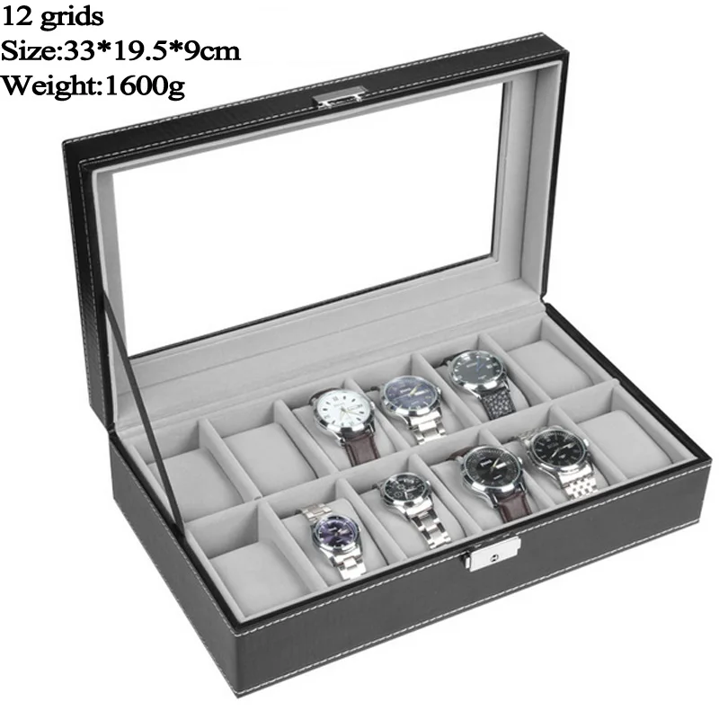 Top Sselling 6/10/12 Grids PU Leather Watch Boxes Storage Organizer Box Luxury Jewelry Display Watch Case Black Free Shipping