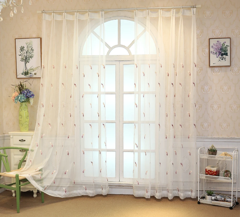 Feather Mesh Fabric Embroidered Tulle Curtains Living Room White Curtain Bedroom Bay Window Reday Made Curtain P056D3