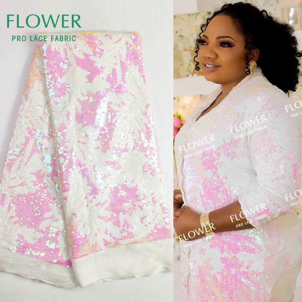 

2019 New Arrival White Sequined Embroidered Mesh Lace Fabric White Bride Dresses Wedding Material African French Mesh Tulle Lace