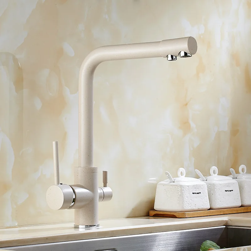 Solid Brass Beige White Kitchen Faucet Double Spout Drinking Water Filter Kitchen Faucet Tri flow Tap