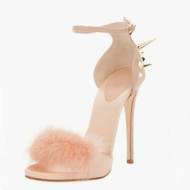 Sexy Rivet High Heels Sandals Woman Summer Dress Shoes Cut-out Ankle Strap Fur Sandals Hot Selling Lady Party Dress Shoes lace up cross strap lady rhinestone sandals suede woman thin heels crystal embellished lady sandals party dress high heels shoes