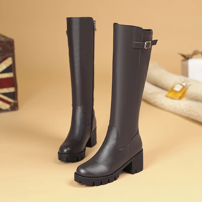 

S.Romance Women Boots Woman Winter Shoes Knee High Square Heel Zip Round Toe Good Quality Buckle Strap Size 34-43 2018 New SB379