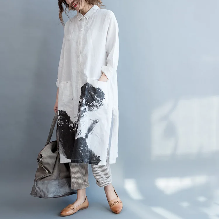 LZJN Vintage Painting Style Summer Long Dress Long Sleeve Shirt Woman Lady Loose Big Size Casual Fashion Button Down Shirt Dress (16)