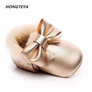 

Cute winter colors fur baby shoes boots Warm fringe Baby moccasins first walker Infant Baby Shoes with Bow Winter PU Leather