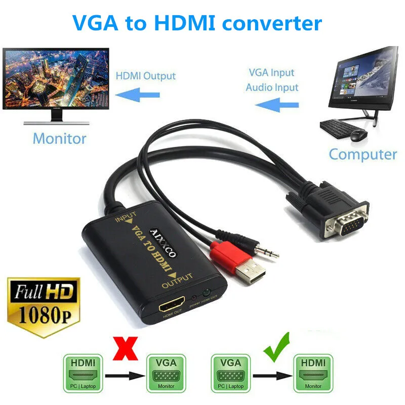  VGA Maschio A Femmina di HDMI 1080P HD + Audio AV TV HDTV Video Convertitore di Cavo Adattatore Per