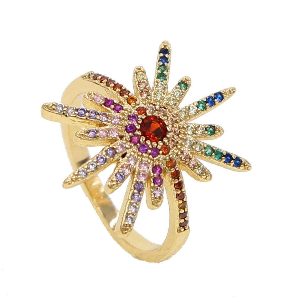 

Gold filled fashion women lady jewelry micro pave cz star burst north star sparking bling bright colorful engagement ring