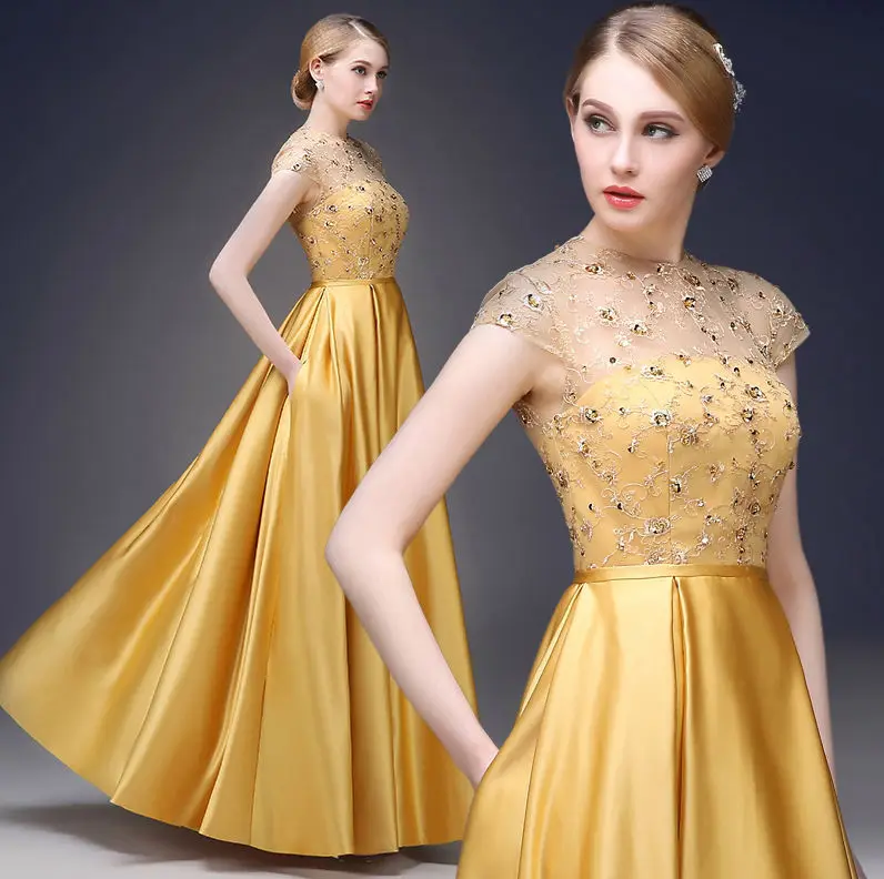 Us 7199 20 Off2015 New Golden Brocade Long Skirt Short Sleeved Lace Embroidery Fashion Evening Dress In Evening Dresses From Weddings Events On