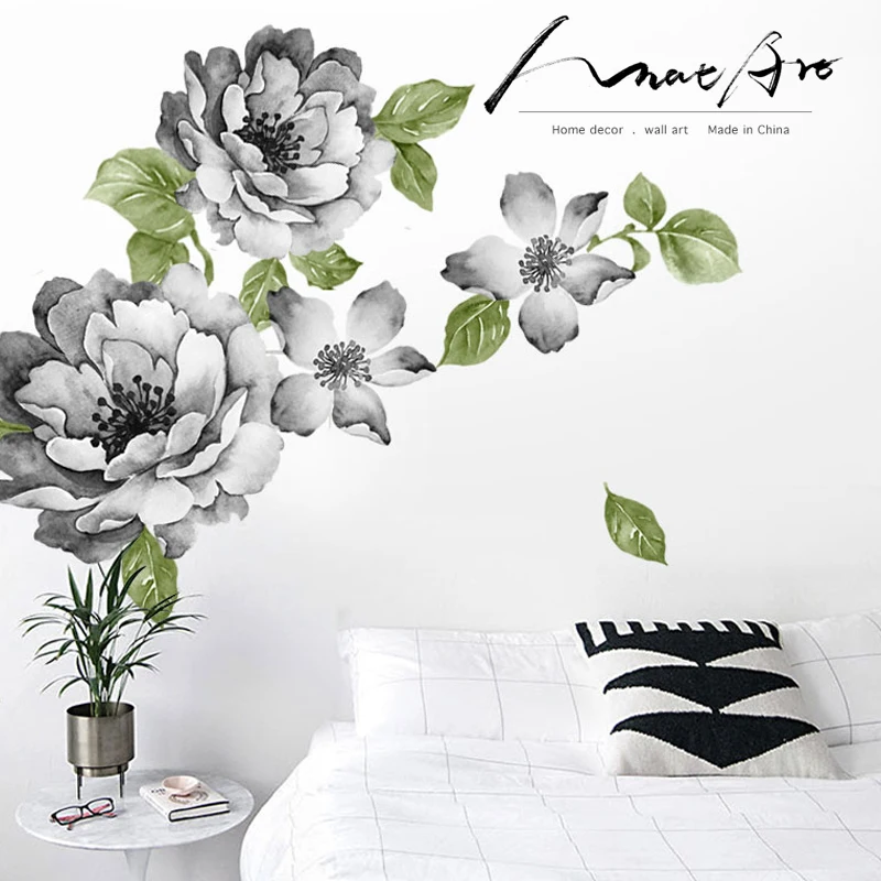 

room decoration Black and white peony flower sticker floral watercolor wall art bedroom decor sticker mural wall stickers home