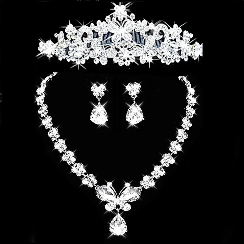 Серебряный цвет кристалл тиара Свадебные комплект ювелирных изделий с драгоценными камнями себе цепочки и ожерелья серьги набор коронок