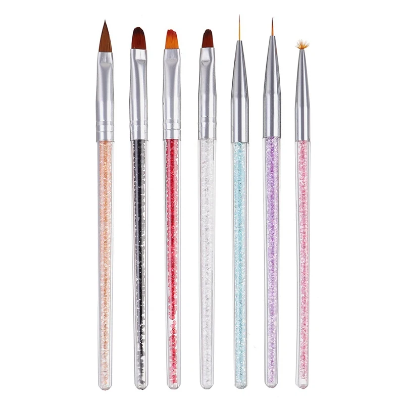 

Hot 7 Styles Rhinestone Acrylic Handle Brushes Nail Art Line Flower Painting Coating Shaping Flat Fan Angle Pen