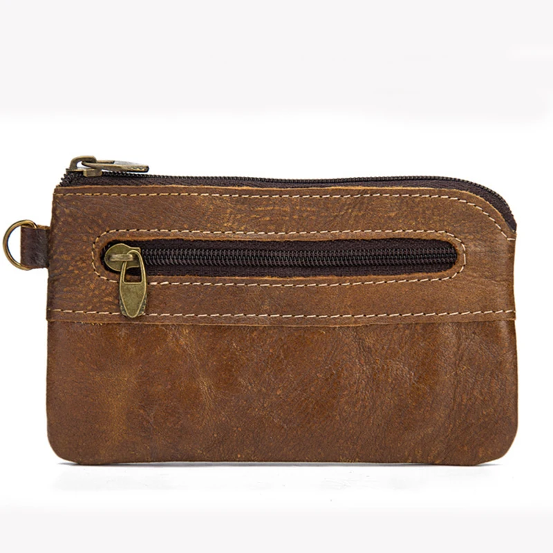 Unisex Cow Leather Key Card Holder Bag Small Wallet Zip Around Brown Coin Purse