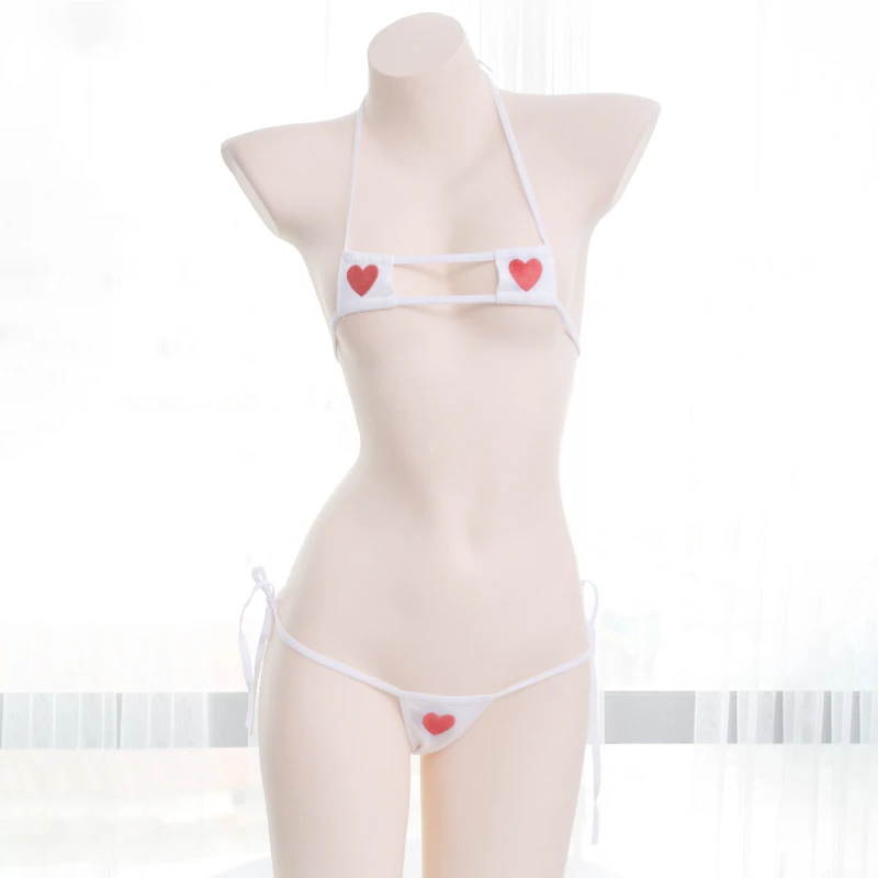 

Women Halter Neck Cute Mini Sexy Three Point Bikini Strappy Lingerie Set Micro G-string and Bra Top Heart Embroidery Square Cup