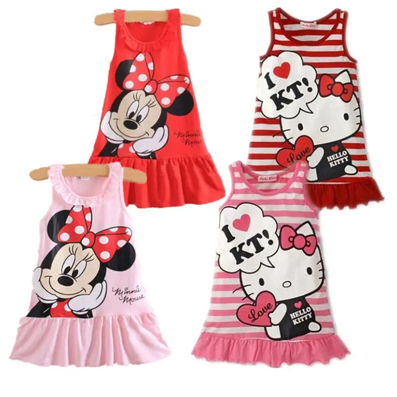 2017 Мода Дети Девушки Одежда Платье Без Рукавов Мультфильм Мышь Hello Kitty Печати