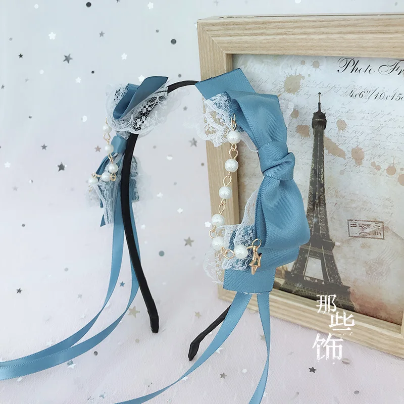 Японский DIY аксессуары для волос Лолита двусторонний бант лента повязка Мягкая сестра Лолита KC повязка на голову шпилька - Цвет: Grey blue