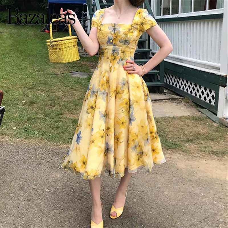 

Bazaleas Vintage Ball Gown Chic Yellow Floral Print robe femme Holiday midi Women Dresses Chic vestidos drop shipping