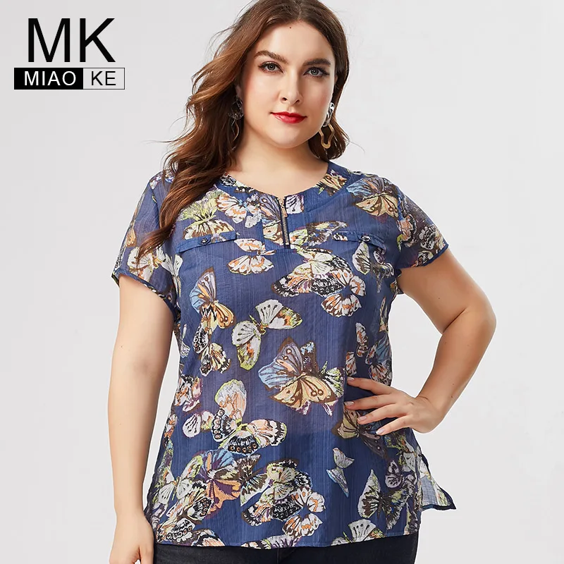 

MK 2019 summer womens Plus Size Print Short sleeve Chiffon tops and blouses fashion ladies female embroidery oversized t shirts