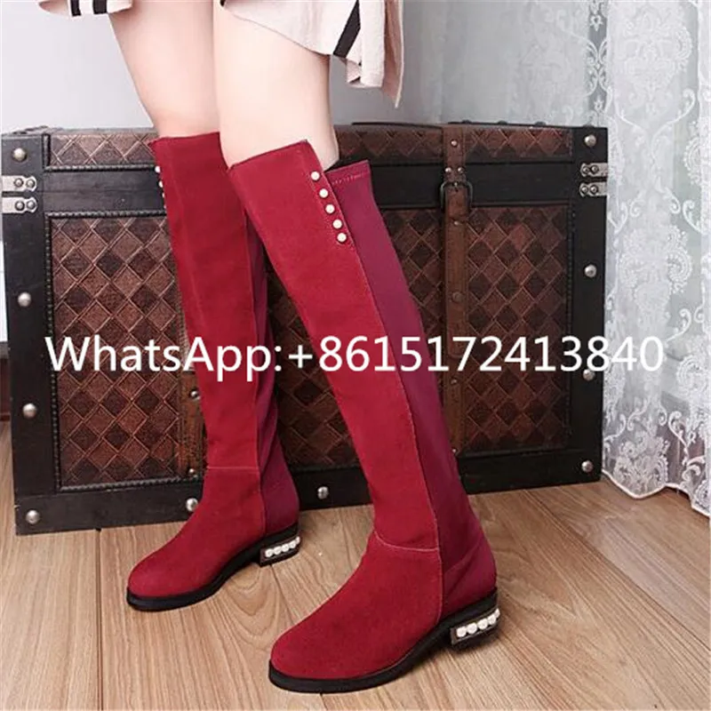

Flat Round Toe Bordered Over-The-Knee Womens Thigh High Boots	High Quality String Bead Solid Elastic Band Winter Martin Shoes