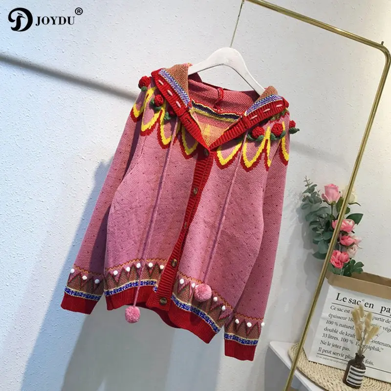 

JOYDU High Street Oversize Sweet Sweater Women Cardigan Coat 2019 Hooded Lace Up Hairball Strawberry Patchwork Knitted Sweaters