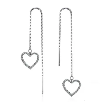

925 Sterling Silver Love Heart Shape Drop Earrings for Women Clear Cubic Zirconia long tassel Fashion Anniversary Jewelry