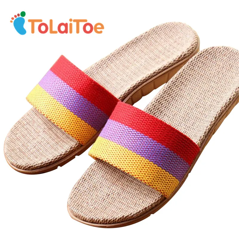 

ToLaiToe Women's Fashion Striped 3 Colors New Linen Home Floor Slippers Silent Sweat Slippers For Summer Cool Sandals Shoes