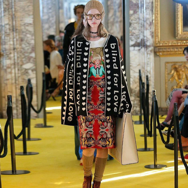 Baratos 2019 invierno pasarela diseñador Navidad negro Sudadera larga cárdigan mujer Vintage rayado Jupmer lujo prendas de vestir sueltas