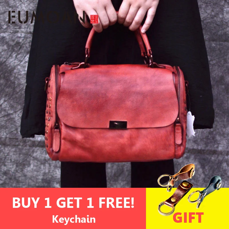 

EUMOAN Vintage original personality leather bag hand rivet handbag Wipe color layer cowhide handbag female trend Messenger bag