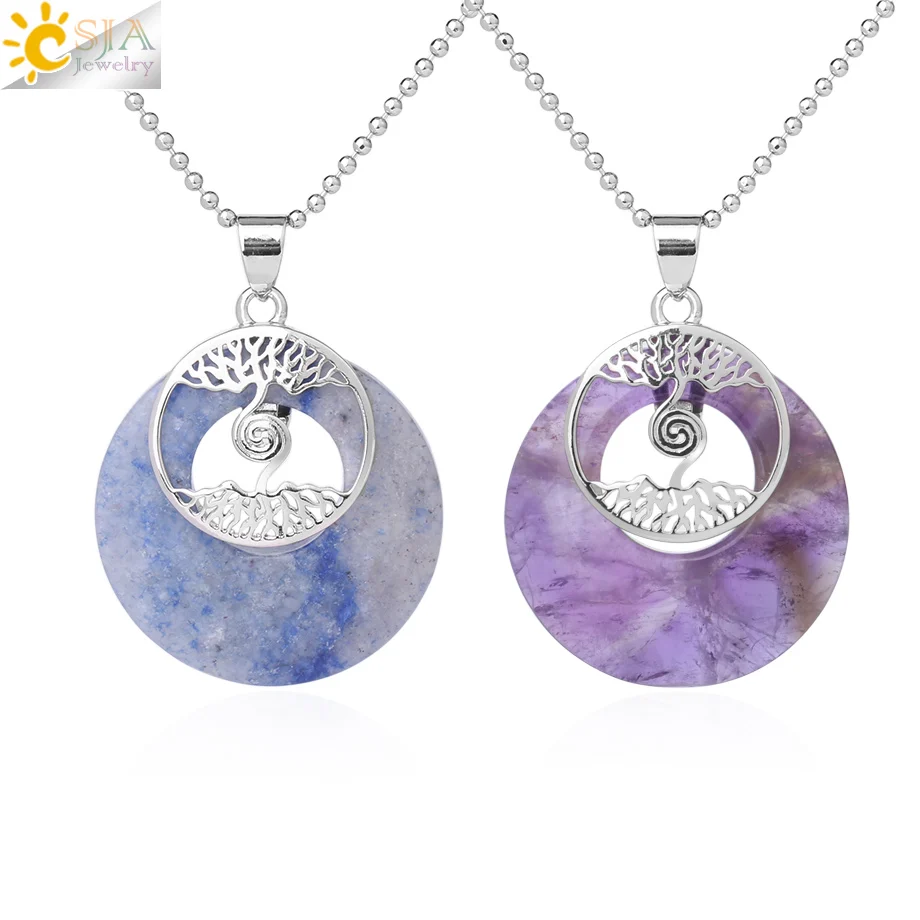 

CSJA Two Tree of Life Necklaces Pendants Natural Round Gem Stone Unakite Tiger Eye White Purple Crystal Reiki Jewelry Lady F835