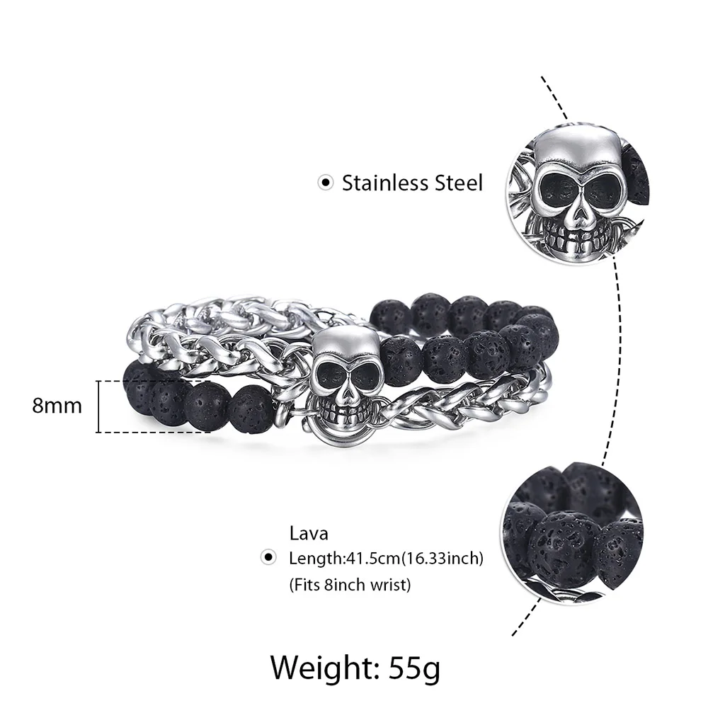 8mm Lapis Lazuli Tiger Eye Stone Men's Beaded Bracelet Stainless Steel Wheat Link Bracelet Male Wristband Gifts for Men DBM46 - Окраска металла: DB183 Lava