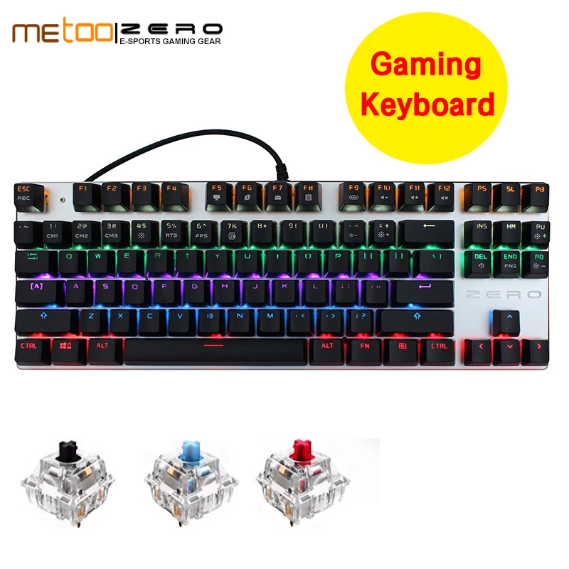 Beste Korting Metoo Editie Mechanische Toetsenbord 104 toetsen Blauw Schakelaar Gaming Toetsenborden voor Tablet Desktop Russische sticker