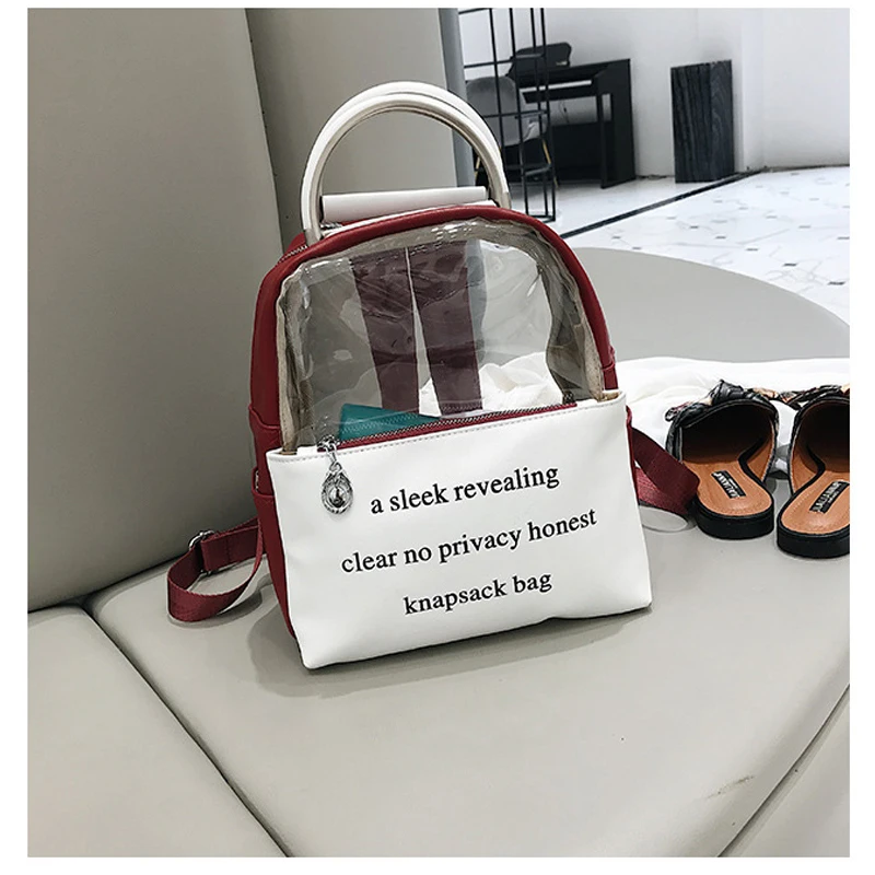 

2018 Fashion Women leather Clear Backpack Transparent Female school bags for teenage girls Trendy Letter Printed Ladies Rucksack
