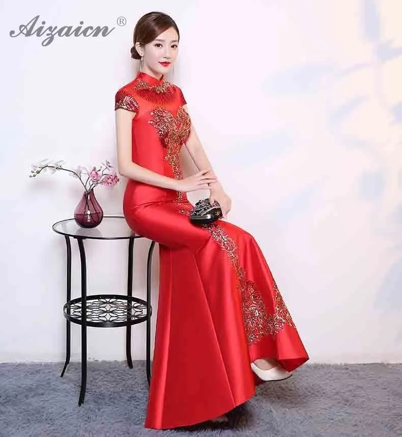 Современный зеленый вышивка Cheongsam хвост русалки Длинные Qipao Fsahion платья с блестками женское китайское вечернее платье Восточный стиль