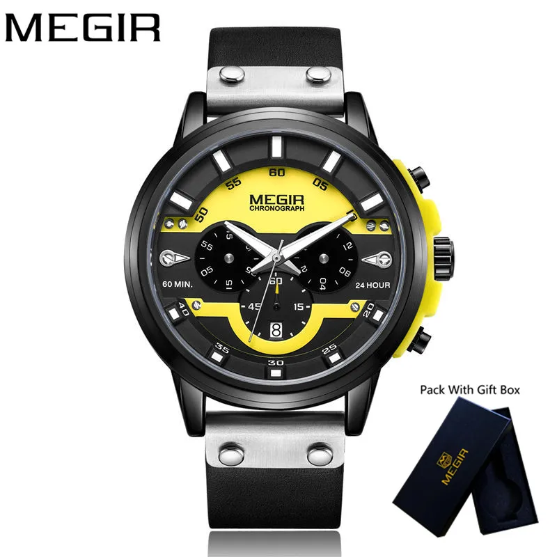 MEGIR для мужчин часы лучший бренд класса люкс Синий хронограф наручные часы с календарем Военная Униформа Спорт кожаный ремешок мужской Relogio Masculino 2080 - Цвет: ME208001