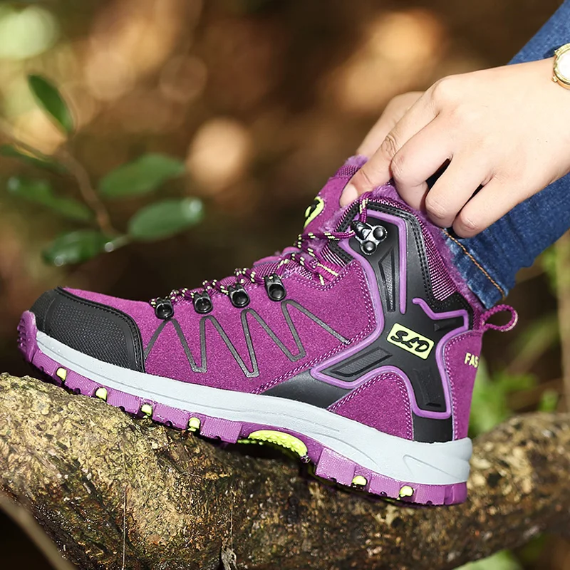 

Winter Women Hiking Shoes With Fur Warm Suede High Top Sneakers For Woman Trail Climbing Mountain Safety Outdoor Trekking Boots