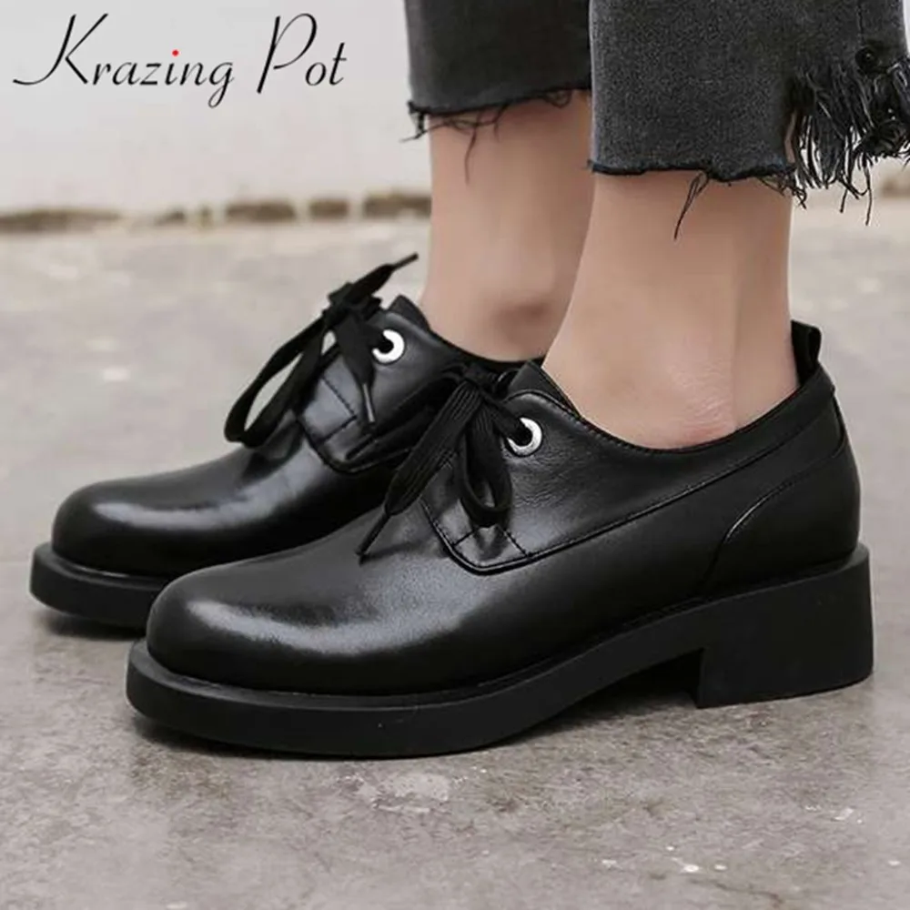 

2019 black British school genuine leather round toe chunky med heels lace up Spring Autumn brand casual shoes shallow pumps L13
